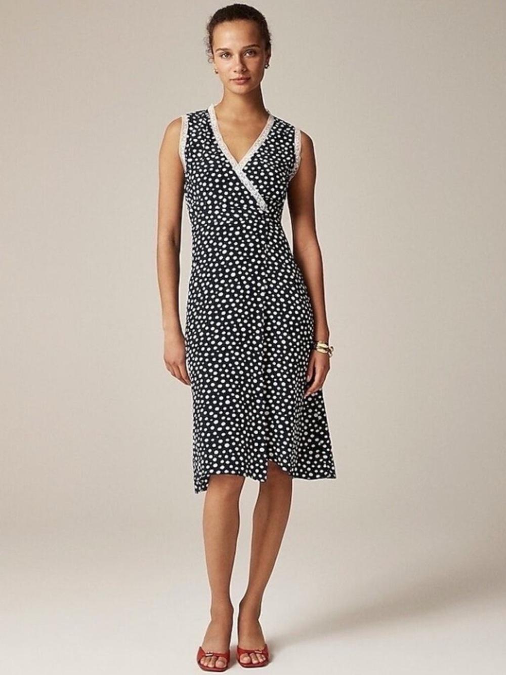 NWT Rouje x J.Crew Rencard Wrap Midi Dress Polka Dot Lace Trim Size 8